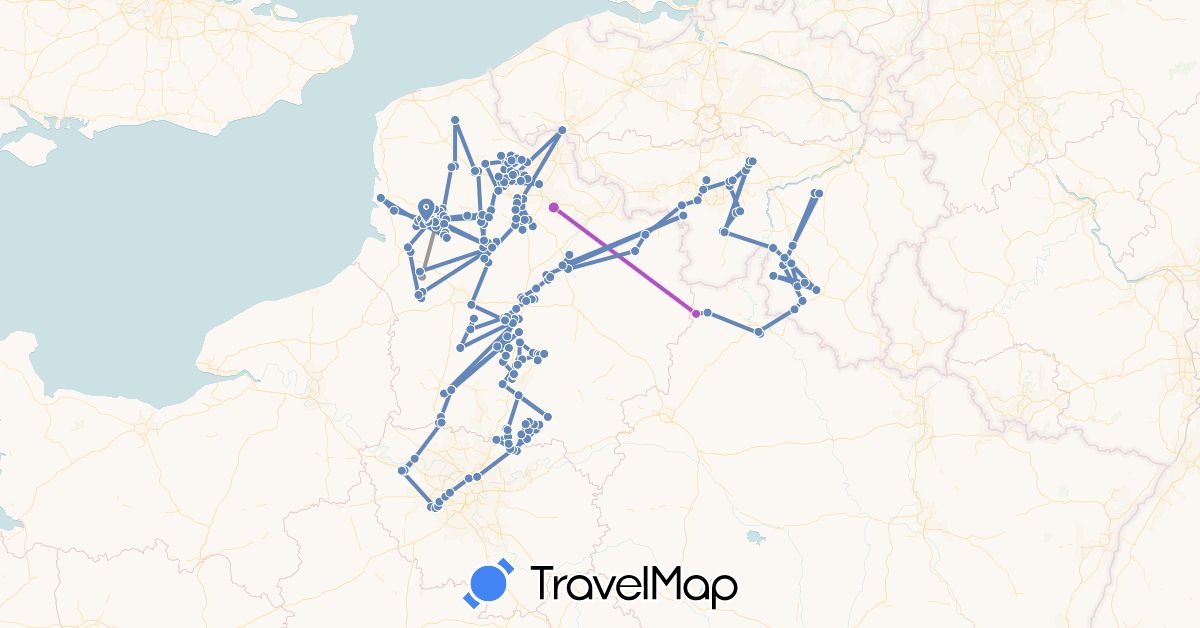 TravelMap itinerary: plane, cycling, train in Belgium, France (Europe)